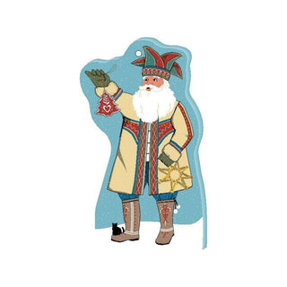  Christmas ornament shaped like a stylized Santa Claus figure with a blue outline, featuring a beige coat, red and green hat, white beard, and winter boots on a plain white background.