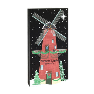 3/4" thick wooden replica with an illustration of a  red windmill design and 'Northern Lights Electric Co.' text on a black background with white dots.