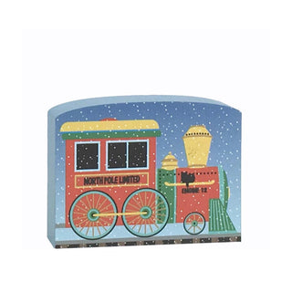 3/4" thick wooden replica with an illustration of a train model with 'North Pole Limited' text on a snowy background