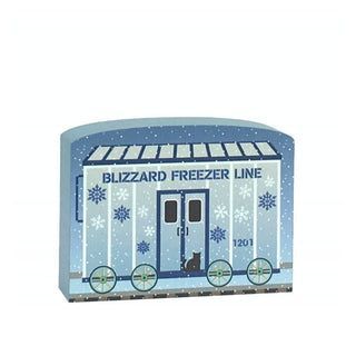 3/4" thick wooden replica with an illustration of a  Blizzard Freezer Line train car with snowflake design on a white background