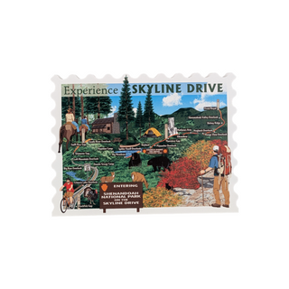 3/4" wooden replica with an illustration of of a Postcard with scenic views and activities on Skyline Drive, featuring text 'Experience Skyline Drive'.