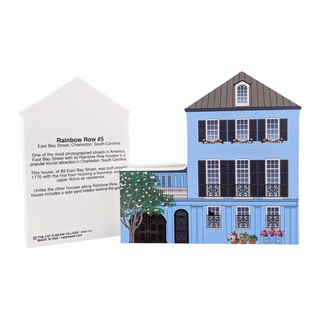 3/4" thick wooden Model of a blue house and a back model with black text on a white background