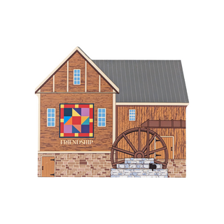 3/4" thick wooden illustration of a mill with a quilt