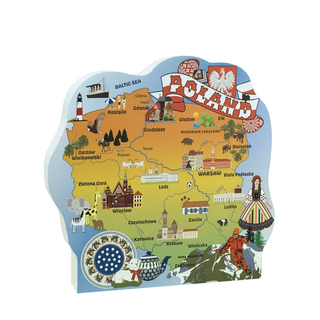 3/4" thick wooden replica with an Illustration of Map of Poland with various attractions and landmarks on a white background