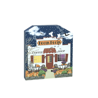3/4" thick wooden Halloween-themed coffee shop scene with 'Hocus Pocus' sign on a box.
