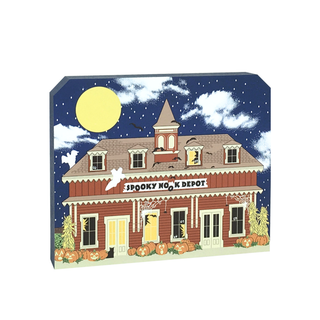 Halloween-themed 3/4" thick wooden model of a depot building with pumpkins and ghosts under a moonlit sky.