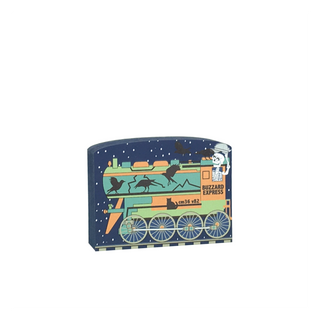 Colorful 3/4" thick wooden train-shaped cutoutwith 'Buzzard Express' branding on a white background