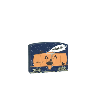3/4" thick wooden Pumpkin-shaped train car with a cat on a blue starry night background