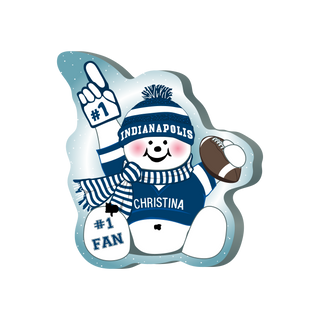 Cartoon snowman character in sports gear with Indianapolis theme on a white background