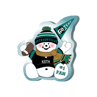 cartoon Snowman with Jacksonville sports team attire holding a football, wearing a hat and scarf, on a white background.