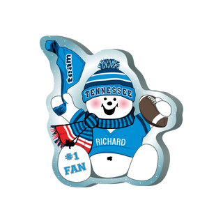 cartoon Snowman wearing a Tennessee-themed outfit with a scarf, hat, and football, personalized with 'Richard'.