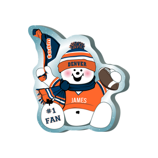 cartoon Snowman with Denver theme holding a flag, football, and '#1 Fan' sign on a white background.