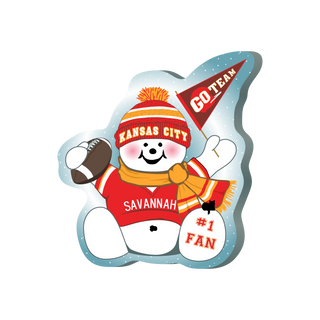 cartoon Snowman wearing a Kansas City-themed shirt and hat with sports elements on a white background.