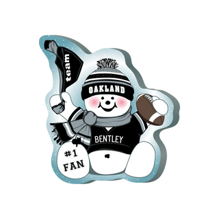 Cartoon snowman wearing an Oakland  jersey with sports equipment on a white background