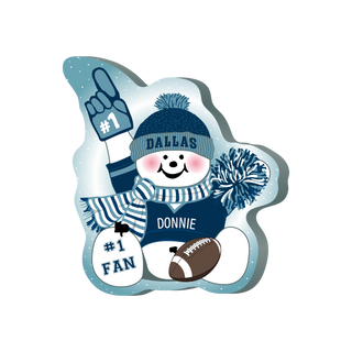 Cartoon snowman wearing a Dallas hat and holding a football with 'Donnie' on a white background