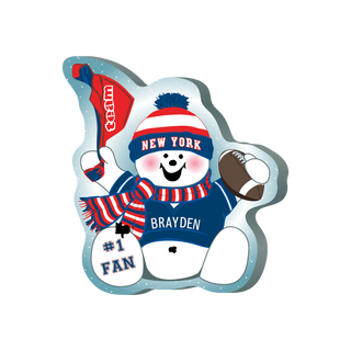 Cartoon snowman with sports-themed accessories and 'New York' hat on a white background