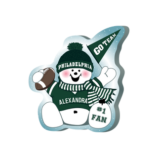 cartoon Snowman with sports-themed accessories and personalized text on a white background