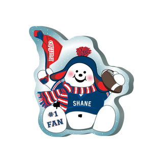cartoon Snowman with buffalo sports fan attire holding a flag and football on a white background