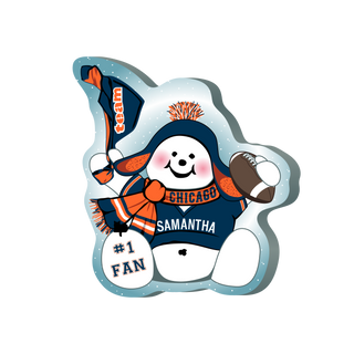 Cartoon snowman with Chicago-themed sports accessories on a white background