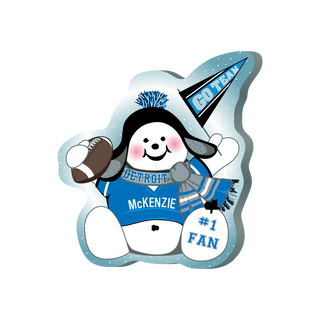 Cartoon snowman wearing a Detroit sports team hat and scarf with text on a white background