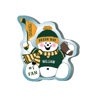 cartoon Snowman with Green Bay-themed clothing and accessories on a white background