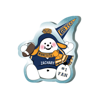 Cartoon snowman with Minnesota sports theme, holding a football and wearing a 'Go Team' banner.