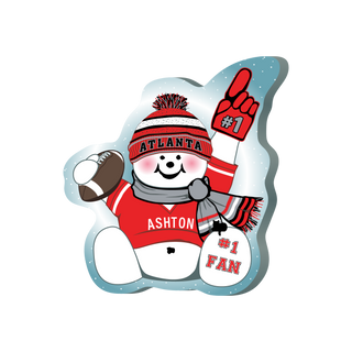 Cartoon snowman wearing an Atlanta hat and holding a football, with 'Ashton' on its shirt.