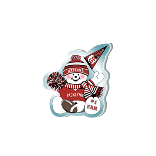 wooden replica with a Snowman with Arizona-themed accessories on a white background