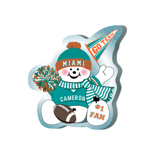 Cartoon character wearing a Miami hat and scarf with sports-themed accessories on a white background
