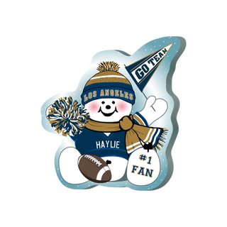 Illustration of a snowman with sports-themed Los Angeles accessories on a white background