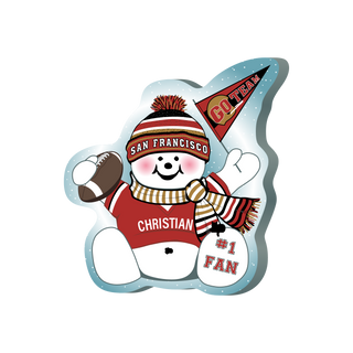 Cartoon snowman wearing a San Francisco themed outfit with a football and pennant.