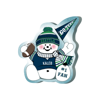 cartoon Snowman with Seattle theme, holding a football and a flag, on a white background.