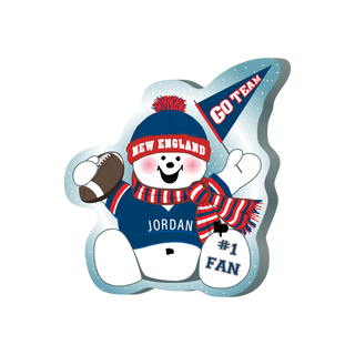 Cartoon snowman with New England  theme, holding a football and wearing a team hat and scarf.