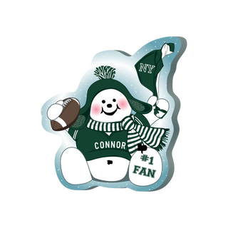 cartoon Snowman with NY sports-themed accessories on a white background