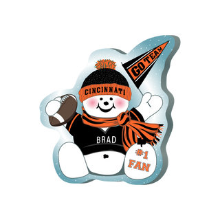 Cartoon snowman wearing Cincinnati-themed clothing with a football and 'Go Team' flag on a white background.
