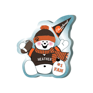 cartoon Snowman with Cleveland sports-themed attire and accessories on a white background