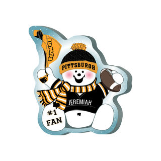 cartoon Snowman with Pittsburgh-themed accessories on a white background