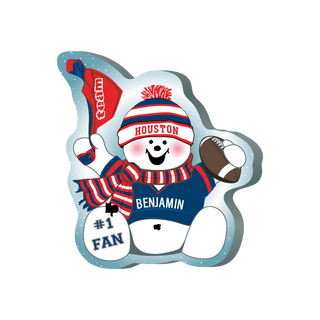 Cartoon snowman wearing a Houston sports team uniform with a red, white, and blue color scheme.