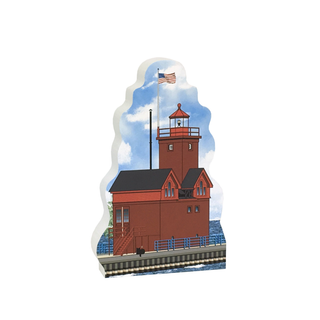 3/4" thick wooden replica with an Illustration of a lighthouse design on a white background