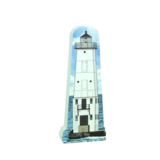 3/4" thick wooden replica with an Illustration of a lighthouse design on a white background