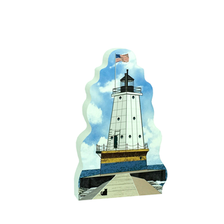 3/4" thick wooden replica with an Illustration of a lighthouse design on a white background