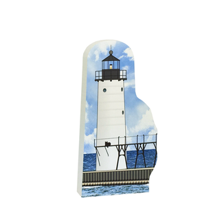 3/4" thick wooden replica with an Illustration of a lighthouse design on a white background