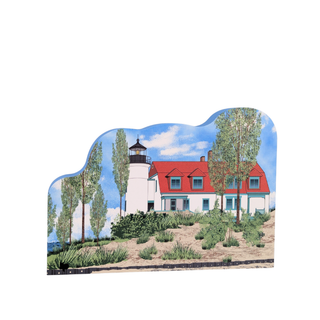 3/4" thick wooden replica with an Illustration of a lighthouse design on a white background