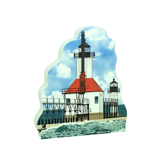 3/4" thick wooden replica with an Illustration of a lighthouse design on a white background
