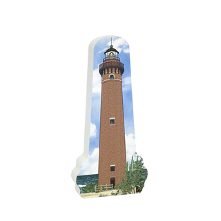 3/4" thick wooden replica with an Illustration of a lighthouse design on a white background