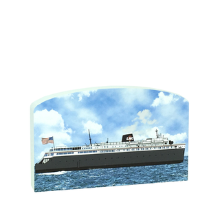3/4" thick wooden replica with an Illustration of a large boat on the water