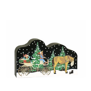 3/4" thick wooden replica with an illustration of a horse-drawn carriage with two people and trees in the background.