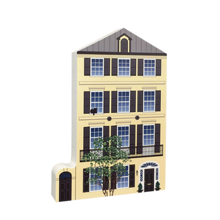 3/4" thick wooden illustration of a three-story house with yellow facade, black shutters, and blue windows on a white background.