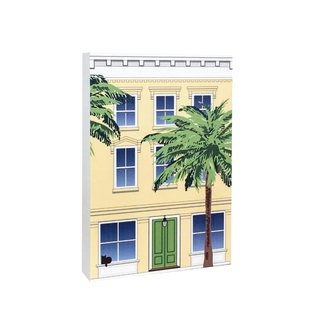 3/4" thick wooden illustration of a yellow house and palm tree in front