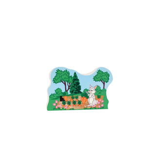 3/4" thick wooden replica with an illustration of a cartoon characters in a garden on a white background